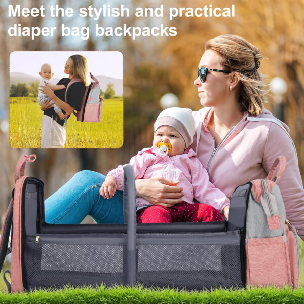 Diaper Bag, Baby Essentials, Multi-functional Large-capacity Diaper Bag Backpack, Best Gift for Newborns with Diaper Changing Station, Travel Essentials Diaper Bag Backpack (Pink)