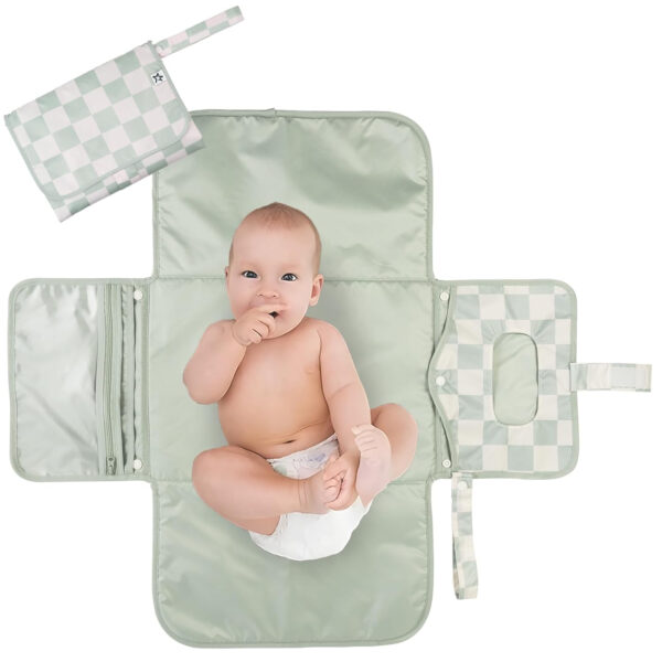 Tiny Twinkle Portable Diaper Changing Pad-Foldable Waterproof Changing Mat&Portable Changing Pad for Travel,Baby Changing Station with Smart Wipes Pocket&Storage (Sage Checkers)