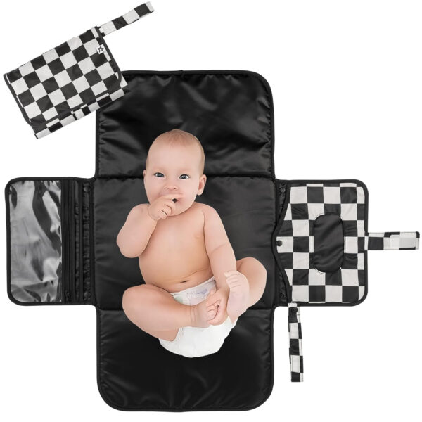 Tiny Twinkle Portable Diaper Changing Pad-Foldable Waterproof Changing Mat&Portable Changing Pad for Travel,Baby Changing Station with Smart Wipes Pocket&Storage (Sage Checkers)