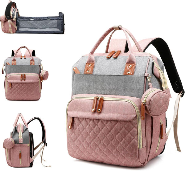 Diaper Bag with Changing Station, Waterproof 3 in 1 Baby Diaper Backpack with Foldable Changing Pad, Pink-Grey