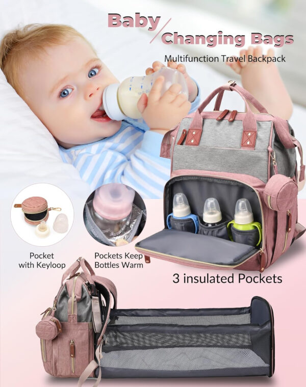 Diaper Bag with Changing Station, Waterproof 3 in 1 Baby Diaper Backpack with Foldable Changing Pad, Pink-Grey