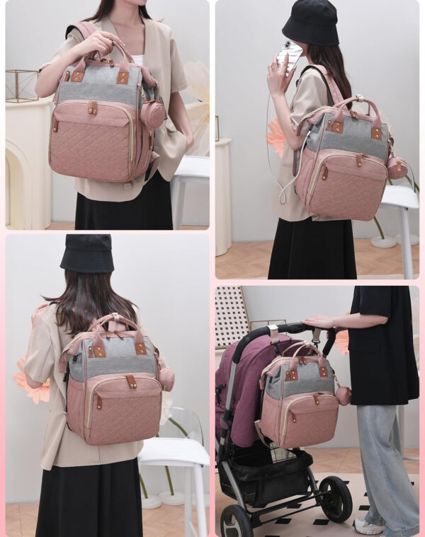 Diaper Bag with Changing Station, Waterproof 3 in 1 Baby Diaper Backpack with Foldable Changing Pad, Pink-Grey