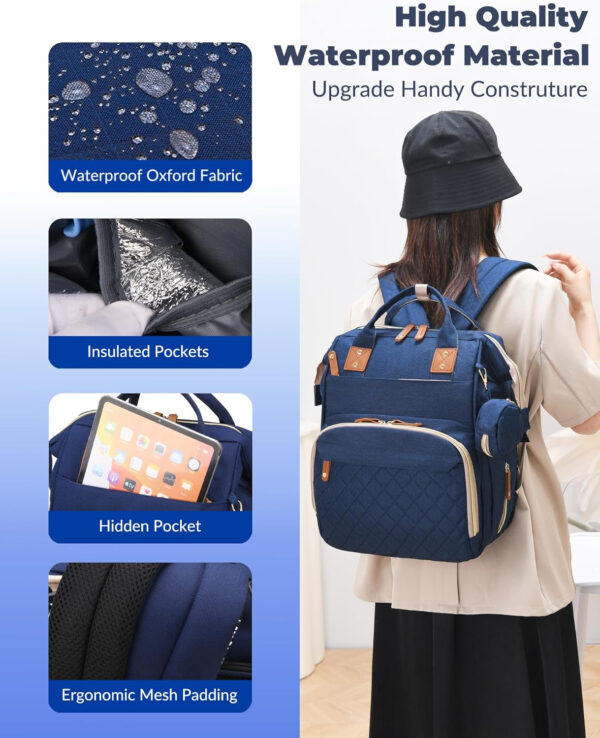 Diaper Bag with Changing Station, Waterproof 3 in 1 Baby Diaper Backpack with Foldable Changing Pad, Pink-Grey