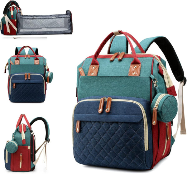 Diaper Bag with Changing Station, Waterproof 3 in 1 Baby Diaper Backpack with Foldable Changing Pad, Pink-Grey