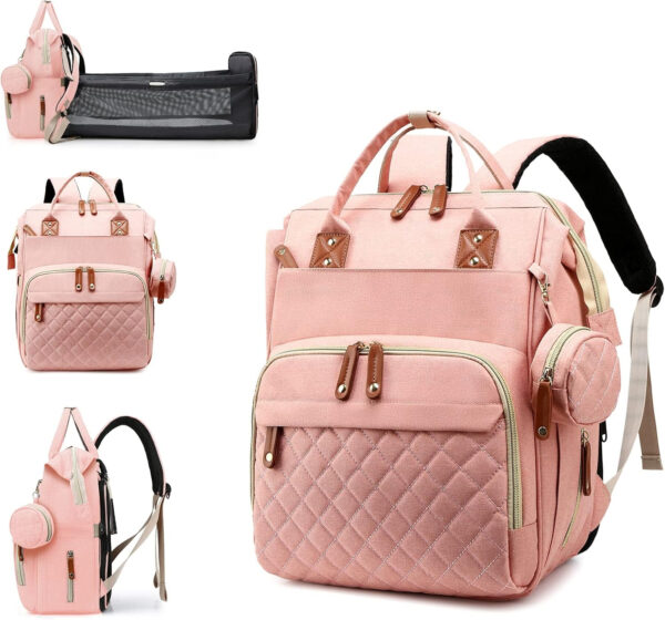 Diaper Bag with Changing Station, Waterproof 3 in 1 Baby Diaper Backpack with Foldable Changing Pad, Pink-Grey