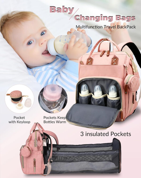 Diaper Bag with Changing Station, Waterproof 3 in 1 Baby Diaper Backpack with Foldable Changing Pad, Pink-Grey