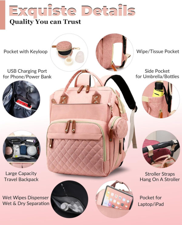 Diaper Bag with Changing Station, Waterproof 3 in 1 Baby Diaper Backpack with Foldable Changing Pad, Pink-Grey
