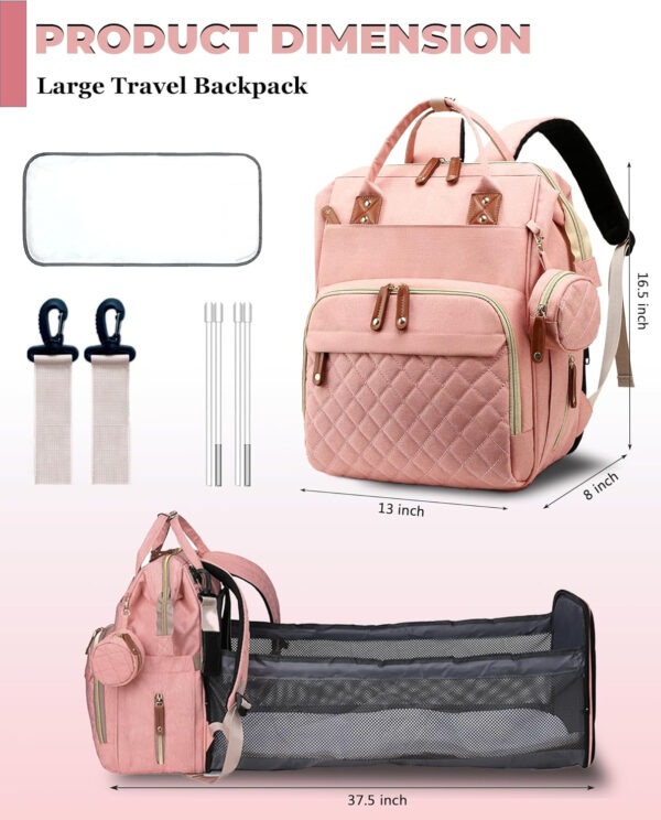Diaper Bag with Changing Station, Waterproof 3 in 1 Baby Diaper Backpack with Foldable Changing Pad, Pink-Grey