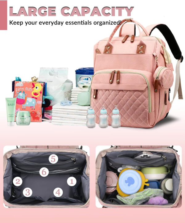 Diaper Bag with Changing Station, Waterproof 3 in 1 Baby Diaper Backpack with Foldable Changing Pad, Pink-Grey