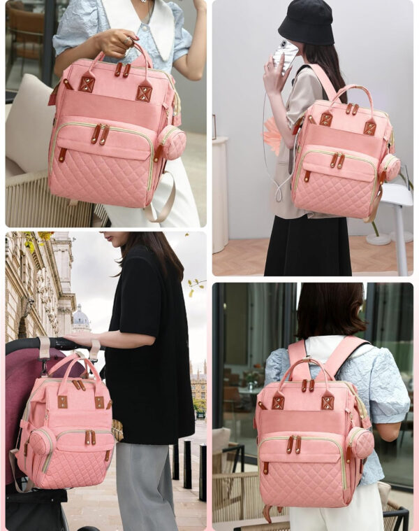 Diaper Bag with Changing Station, Waterproof 3 in 1 Baby Diaper Backpack with Foldable Changing Pad, Pink-Grey