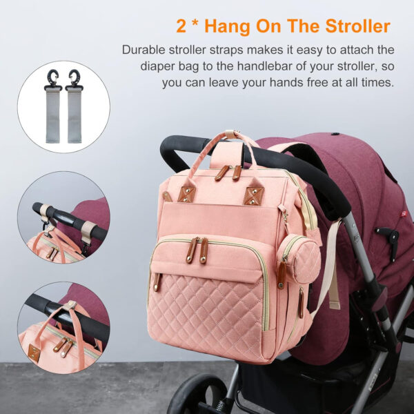Diaper Bag with Changing Station, Waterproof 3 in 1 Baby Diaper Backpack with Foldable Changing Pad, Pink-Grey