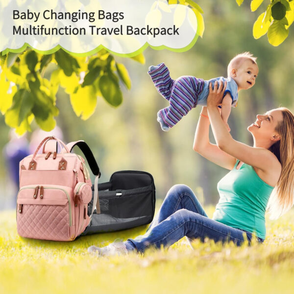 Diaper Bag with Changing Station, Waterproof 3 in 1 Baby Diaper Backpack with Foldable Changing Pad, Pink-Grey