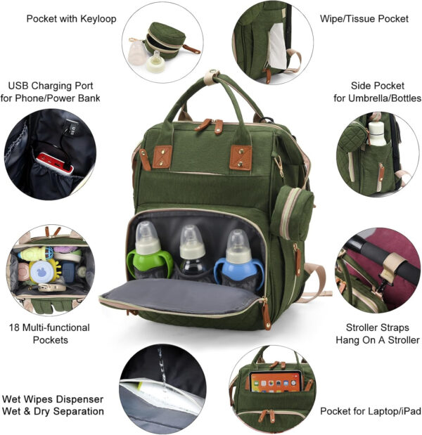 Diaper Bag with Changing Station, Waterproof 3 in 1 Baby Diaper Backpack with Foldable Changing Pad, Pink-Grey