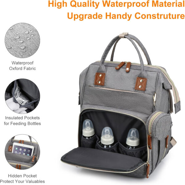 Diaper Bag with Changing Station, Waterproof 3 in 1 Baby Diaper Backpack with Foldable Changing Pad, Pink-Grey