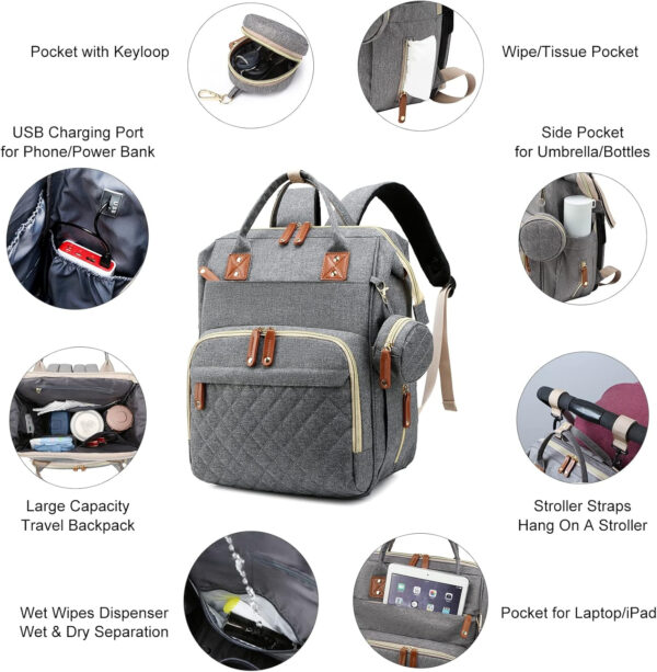 Diaper Bag with Changing Station, Waterproof 3 in 1 Baby Diaper Backpack with Foldable Changing Pad, Pink-Grey