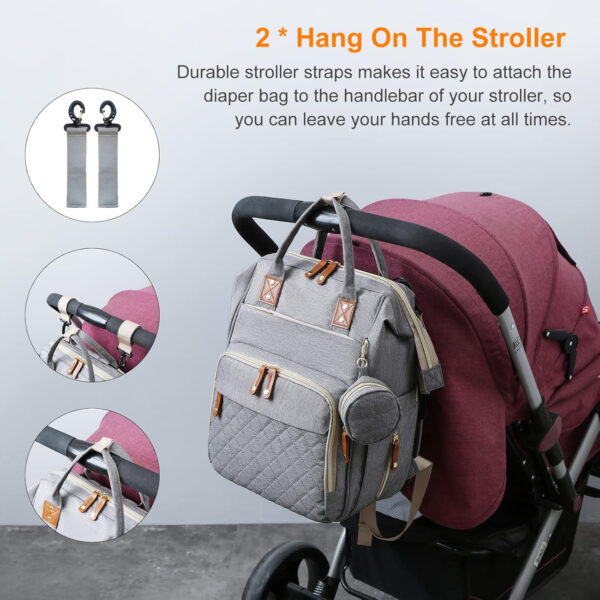 Diaper Bag with Changing Station, Waterproof 3 in 1 Baby Diaper Backpack with Foldable Changing Pad, Pink-Grey