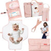 Premium Portable Diaper Changing Pad – CPC Certified Waterproof 2-in-1 Diaper Clutch & Changing Mat with Head Cushion – Bonus Insulated Bottle Bag – Travel Kit Gift for Baby Girls & Boys (Peach)