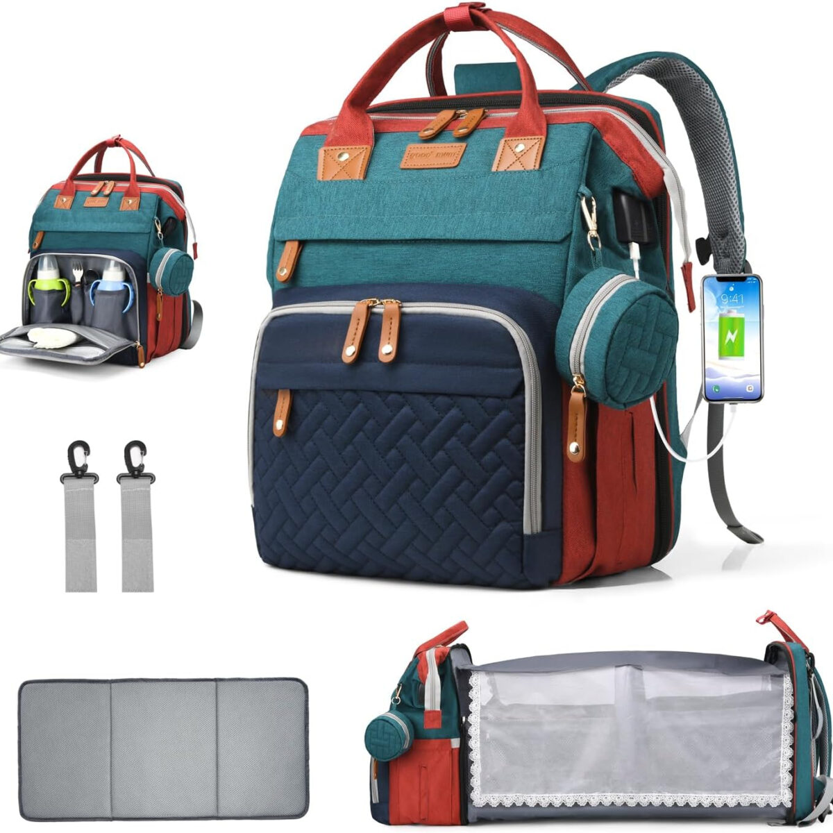 Diaper Bag Backpack, Multifunction Waterproof Diaper Bag for Baby, with Diaper Changing Station, Newborn Essentials Must Haves, Baby Portable Bag, Unisex, RGB