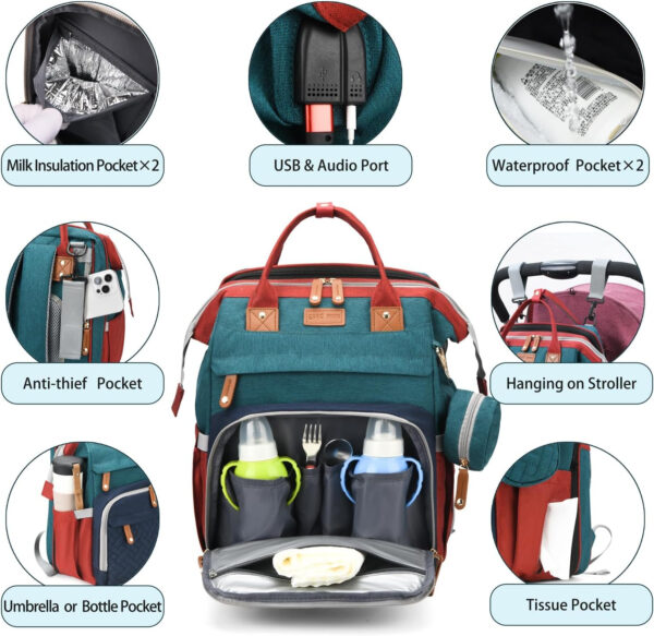 Diaper Bag Backpack, Multifunction Waterproof Diaper Bag for Baby, with Diaper Changing Station, Newborn Essentials Must Haves, Baby Portable Bag, Unisex, RGB