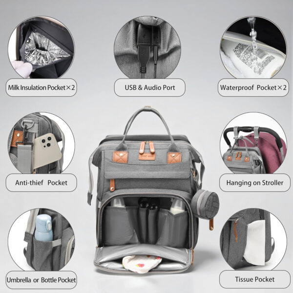 Diaper Bag Backpack, Multifunction Waterproof Diaper Bag for Baby, with Diaper Changing Station, Newborn Essentials Must Haves, Baby Portable Bag, Unisex, RGB