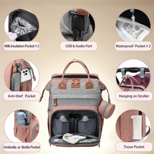 Diaper Bag Backpack, Multifunction Waterproof Diaper Bag for Baby, with Diaper Changing Station, Newborn Essentials Must Haves, Baby Portable Bag, Unisex, RGB