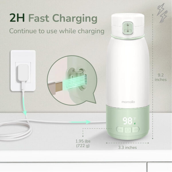 Portable Milk Warmer for Travel, Pasteurization Mode, 17 oz Capacity, 3 Min Fast Heating & Long Battery Life, Baby Bottle Warmer for Breast Milk and Water On-The-Go, Meets Full Day Feeding Needs