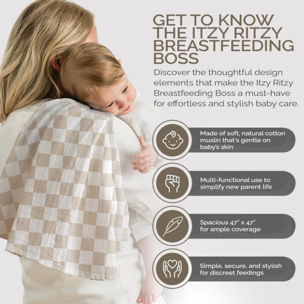 688c2036ade832294e001f9fbdfff8055f4fb6b4339ce9113c782.jpg Itzy Ritzy Breastfeeding Boss Multi-Use Cover – A Nursing Cover, Swaddle, Car Seat Cover, Tummy Time Mat & Burp Cloth All in One – Made of Soft Muslin Fabric & Measures 47” x 47” (Checkerboard)