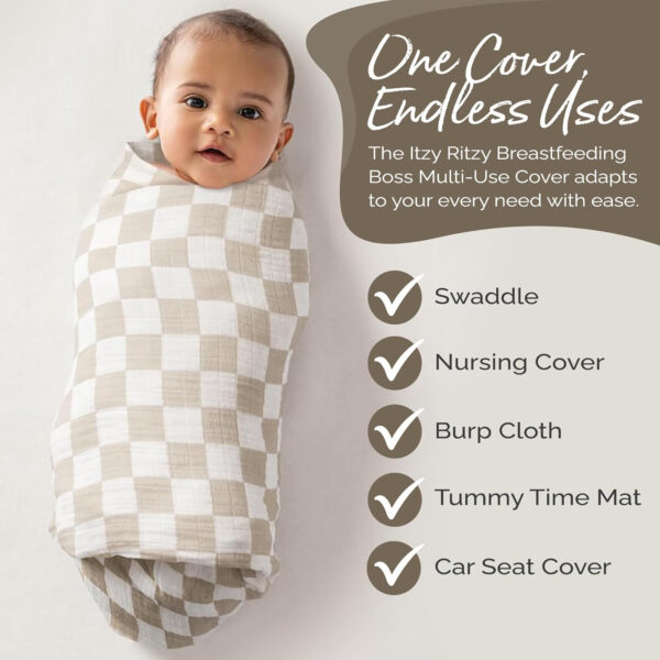 688c2037ad28f142ddede84eb1548e98ae27593b506bc5dc675fc.jpg Itzy Ritzy Breastfeeding Boss Multi-Use Cover – A Nursing Cover, Swaddle, Car Seat Cover, Tummy Time Mat & Burp Cloth All in One – Made of Soft Muslin Fabric & Measures 47” x 47” (Checkerboard)