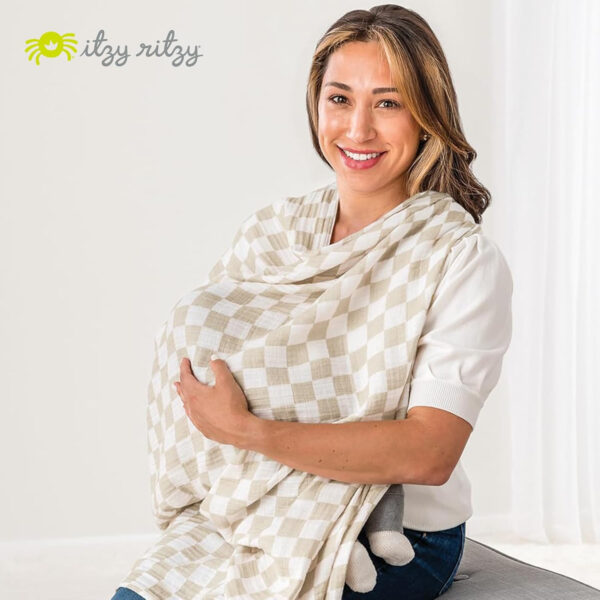 688c203ab781ebd59315bd686f07bb5aa7f9189e406751a28f84b.jpg Itzy Ritzy Breastfeeding Boss Multi-Use Cover – A Nursing Cover, Swaddle, Car Seat Cover, Tummy Time Mat & Burp Cloth All in One – Made of Soft Muslin Fabric & Measures 47” x 47” (Checkerboard)