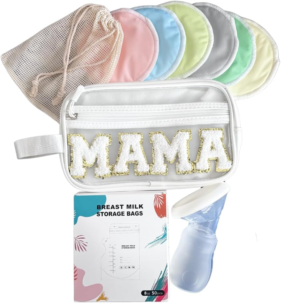 Breastfeeding Essentials Kit: Bamboo Breast Milk Pads, Silicone Manual Breast Pump, Storage Bags & Cosmetic Bag - Gift Set for New Mothers, New Mom Gift