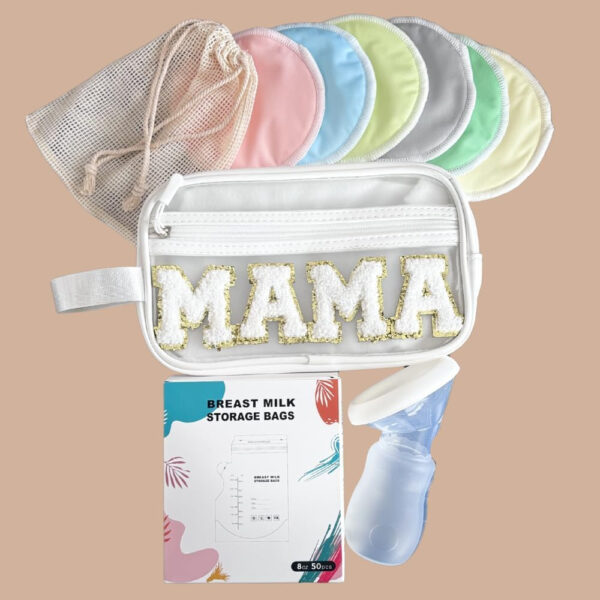 Breastfeeding Essentials Kit: Bamboo Breast Milk Pads, Silicone Manual Breast Pump, Storage Bags & Cosmetic Bag - Gift Set for New Mothers, New Mom Gift