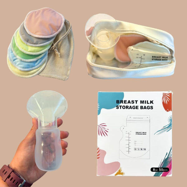 Breastfeeding Essentials Kit: Bamboo Breast Milk Pads, Silicone Manual Breast Pump, Storage Bags & Cosmetic Bag - Gift Set for New Mothers, New Mom Gift