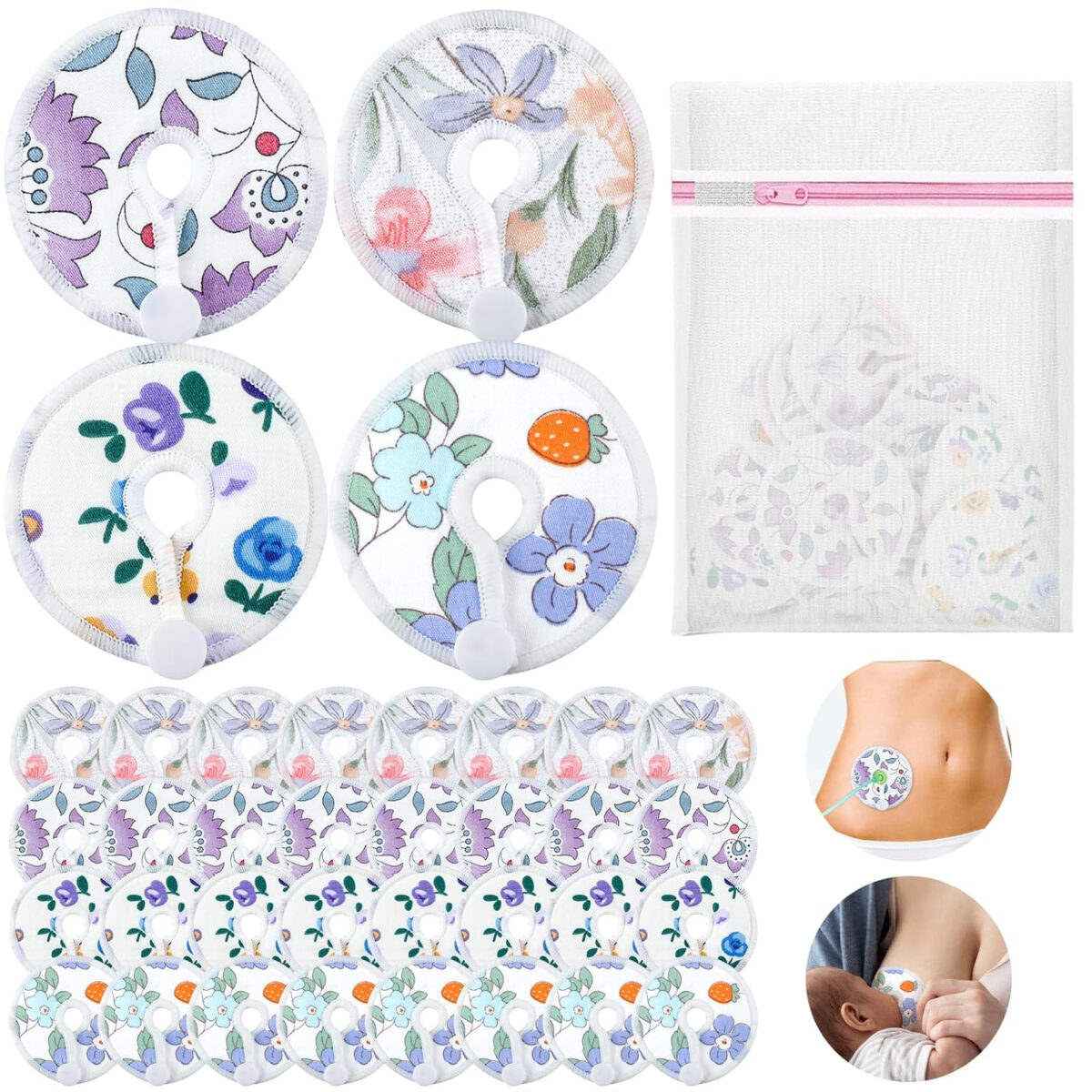 32 Packs Gtube Button Covers with Laundry Bag, Abdominal Feeding Tube Supplies, Reusable G Tube Accessories for Kids Baby Breastfeeding Nursing Care