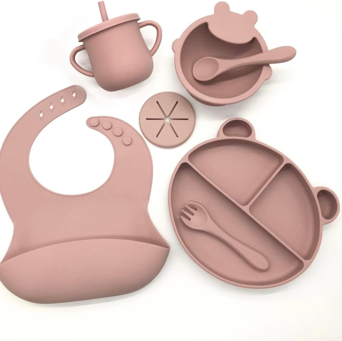 Silicone Baby Feeding Set, Toddler Feeding Set With Divided Suction Plate Bowl Spoons Forks Sippy Cup Adjustable Bib Non Slip Mat, Baby Eating Utensils, Bear Shape, 7-Piece, (Pink)