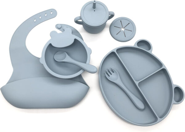 Silicone Baby Feeding Set, Toddler Feeding Set With Divided Suction Plate Bowl Spoons Forks Sippy Cup Adjustable Bib Non Slip Mat, Baby Eating Utensils, Bear Shape, 7-Piece, (Pink)
