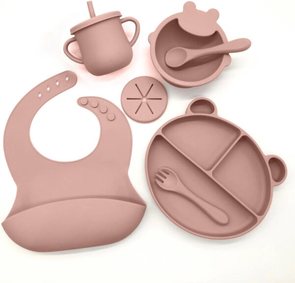 Silicone Baby Feeding Set, Toddler Feeding Set With Divided Suction Plate Bowl Spoons Forks Sippy Cup Adjustable Bib Non Slip Mat, Baby Eating Utensils, Bear Shape, 7-Piece, (Pink)