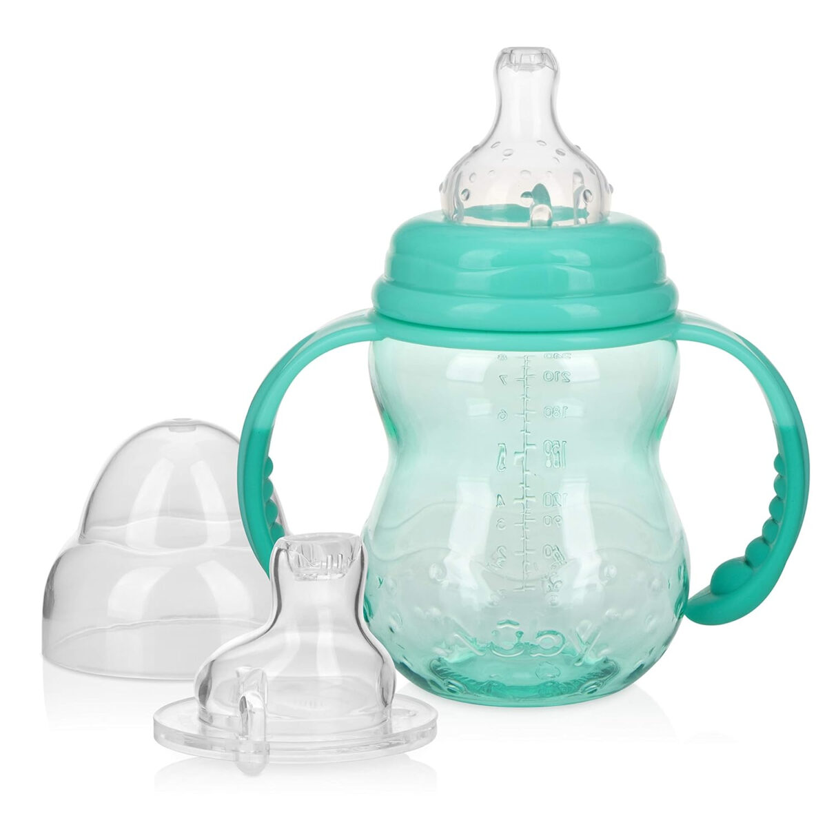 Nuby 3 in 1 Baby Bottle to Training Sippy Cup - 8 Oz Toddler Cups Spill Proof with Soft Spout, Nipple & Removable Grip Handles - Dishwasher Safe (Teal)