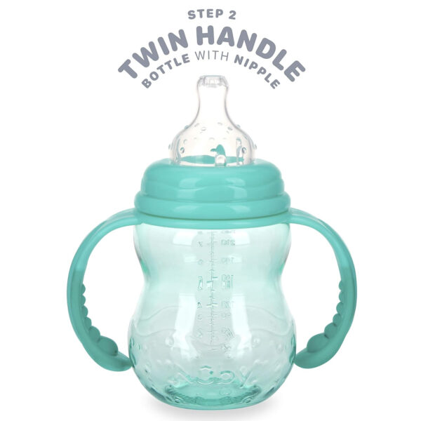 Nuby 3 in 1 Baby Bottle to Training Sippy Cup - 8 Oz Toddler Cups Spill Proof with Soft Spout, Nipple & Removable Grip Handles - Dishwasher Safe (Teal)