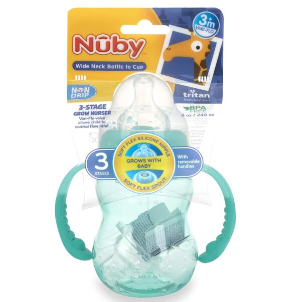 Nuby 3 in 1 Baby Bottle to Training Sippy Cup - 8 Oz Toddler Cups Spill Proof with Soft Spout, Nipple & Removable Grip Handles - Dishwasher Safe (Teal)