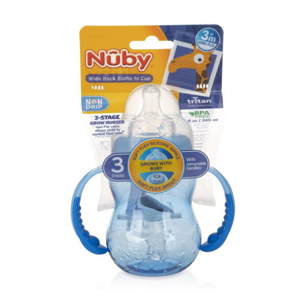 Nuby 3 in 1 Baby Bottle to Training Sippy Cup - 8 Oz Toddler Cups Spill Proof with Soft Spout, Nipple & Removable Grip Handles - Dishwasher Safe (Teal)