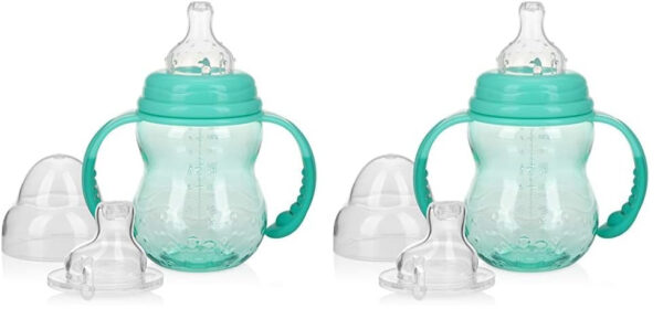 Nuby 3 in 1 Baby Bottle to Training Sippy Cup - 8 Oz Toddler Cups Spill Proof with Soft Spout, Nipple & Removable Grip Handles - Dishwasher Safe (Teal)