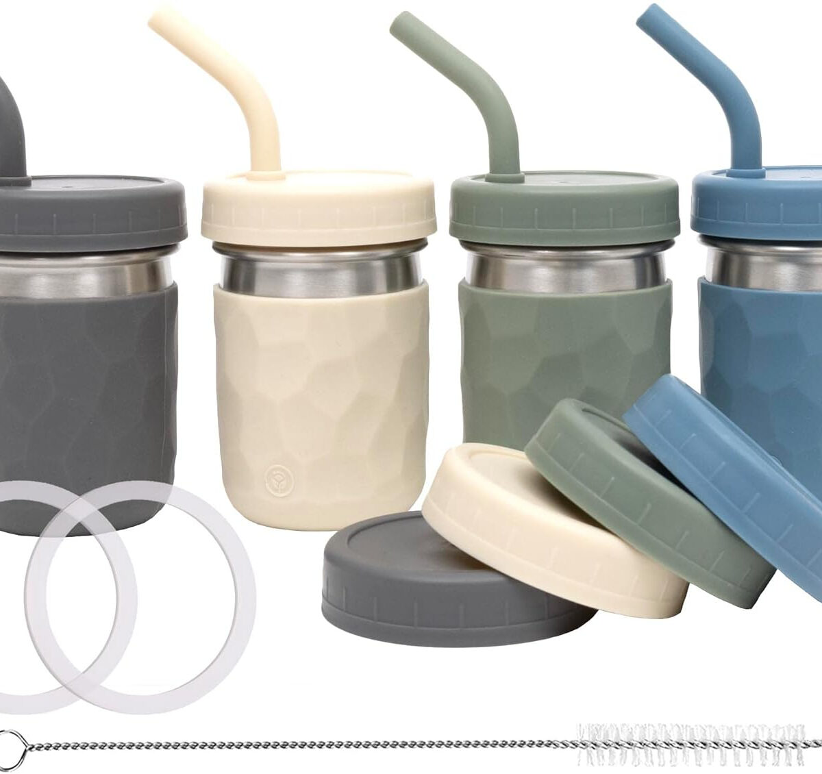 WeeSprout 2-in-1 Drinking Cups for Kids, Durable Stainless Steel Tumbler for Smoothies, Silicone Straws with Stoppers, Premium Plastic Twist Lids, Easy-Grip Sleeves, Set of 4 Dishwasher Safe Kid Cups