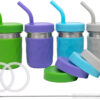 WeeSprout 2-in-1 Drinking Cups for Kids, Durable Stainless Steel Tumbler for Smoothies, Silicone Straws with Stoppers, Premium Plastic Twist Lids, Easy-Grip Sleeves, Set of 4 Dishwasher Safe Kid Cups