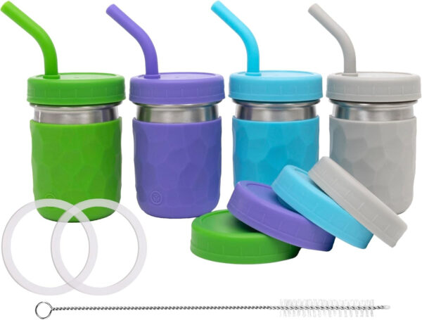 WeeSprout 2-in-1 Drinking Cups for Kids, Durable Stainless Steel Tumbler for Smoothies, Silicone Straws with Stoppers, Premium Plastic Twist Lids, Easy-Grip Sleeves, Set of 4 Dishwasher Safe Kid Cups