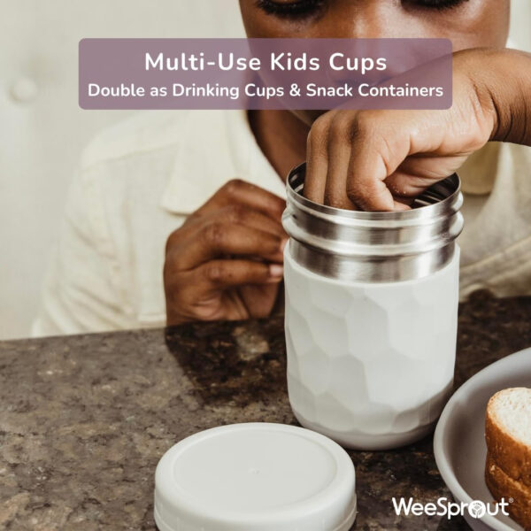 WeeSprout 2-in-1 Drinking Cups for Kids, Durable Stainless Steel Tumbler for Smoothies, Silicone Straws with Stoppers, Premium Plastic Twist Lids, Easy-Grip Sleeves, Set of 4 Dishwasher Safe Kid Cups