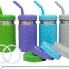WeeSprout 2-in-1 Drinking Cups for Kids, Durable Stainless Steel Tumbler for Smoothies, Silicone Straws with Stoppers, Premium Plastic Twist Lids, Easy-Grip Sleeves, Set of 4 Dishwasher Safe Kid Cups