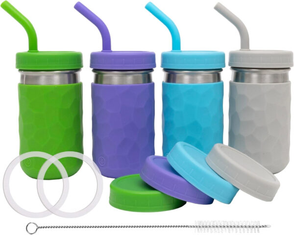 WeeSprout 2-in-1 Drinking Cups for Kids, Durable Stainless Steel Tumbler for Smoothies, Silicone Straws with Stoppers, Premium Plastic Twist Lids, Easy-Grip Sleeves, Set of 4 Dishwasher Safe Kid Cups