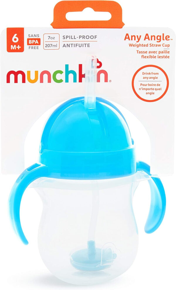 Munchkin Any Angle Sippy Cups for Toddlers, Spill Proof Weighted Straw Cup with Transition Handles for Babies 6 Months and Up, 2 Pack, Blue/Green