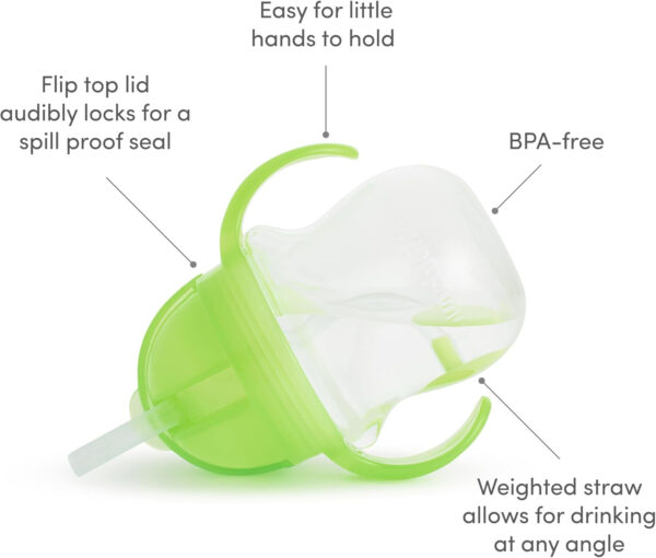Munchkin Any Angle Sippy Cups for Toddlers, Spill Proof Weighted Straw Cup with Transition Handles for Babies 6 Months and Up, 2 Pack, Blue/Green
