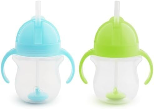 Munchkin Any Angle Sippy Cups for Toddlers, Spill Proof Weighted Straw Cup with Transition Handles for Babies 6 Months and Up, 2 Pack, Blue/Green